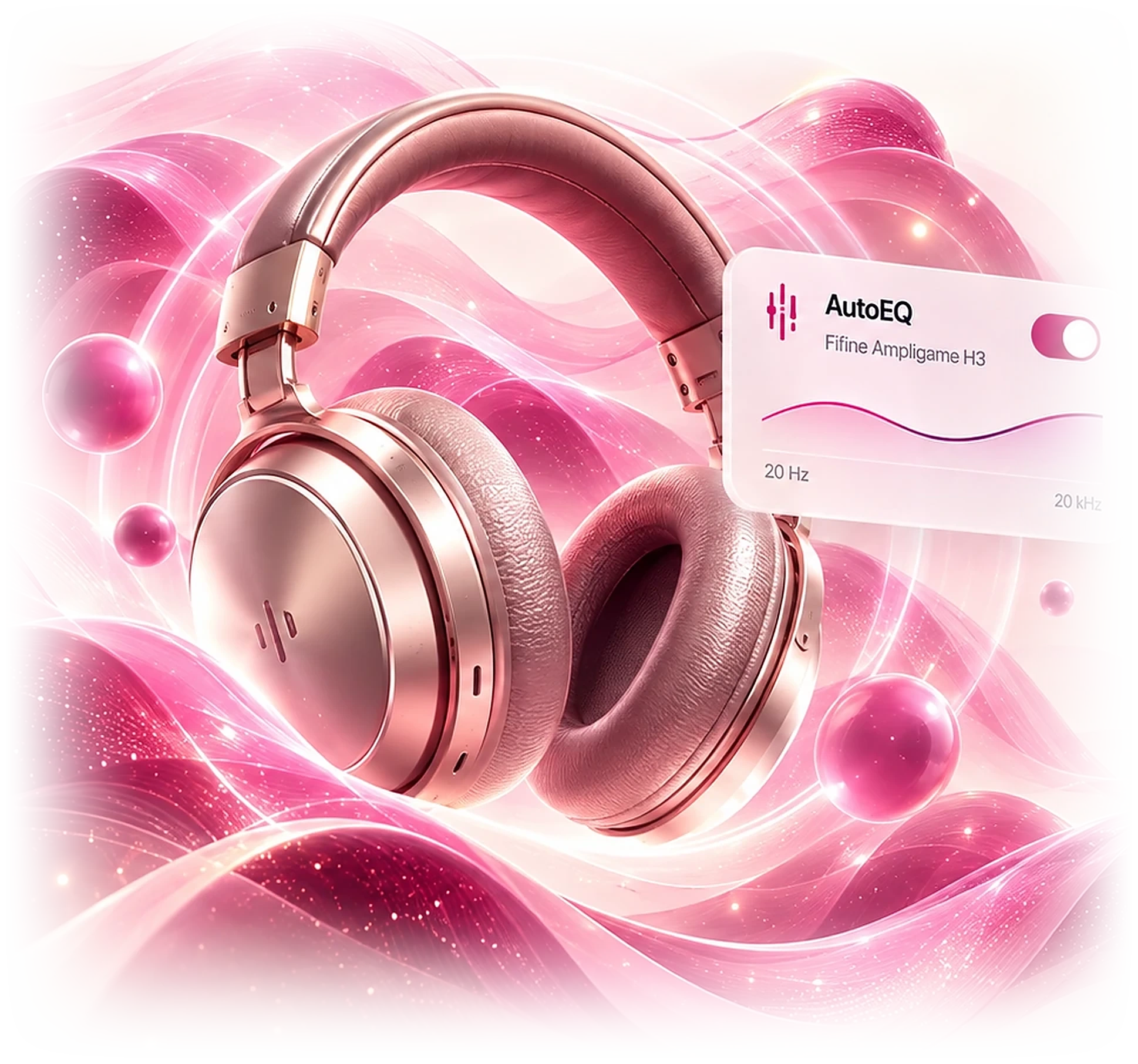 Rose gold over-ear headphones with a floating RippleFX AutoEQ frequency-response panel and flowing pink sound waves