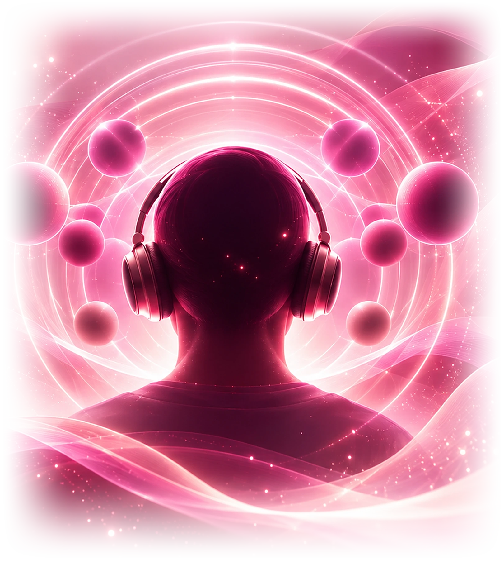 Immersive spatial sound illustration with a headphone listener surrounded by glowing pink sound spheres